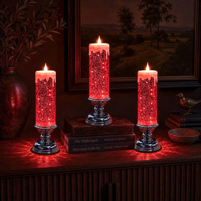 Glitzerkerze mit LED – wirbelnder Glitter und warmer Schein in drei Farben
