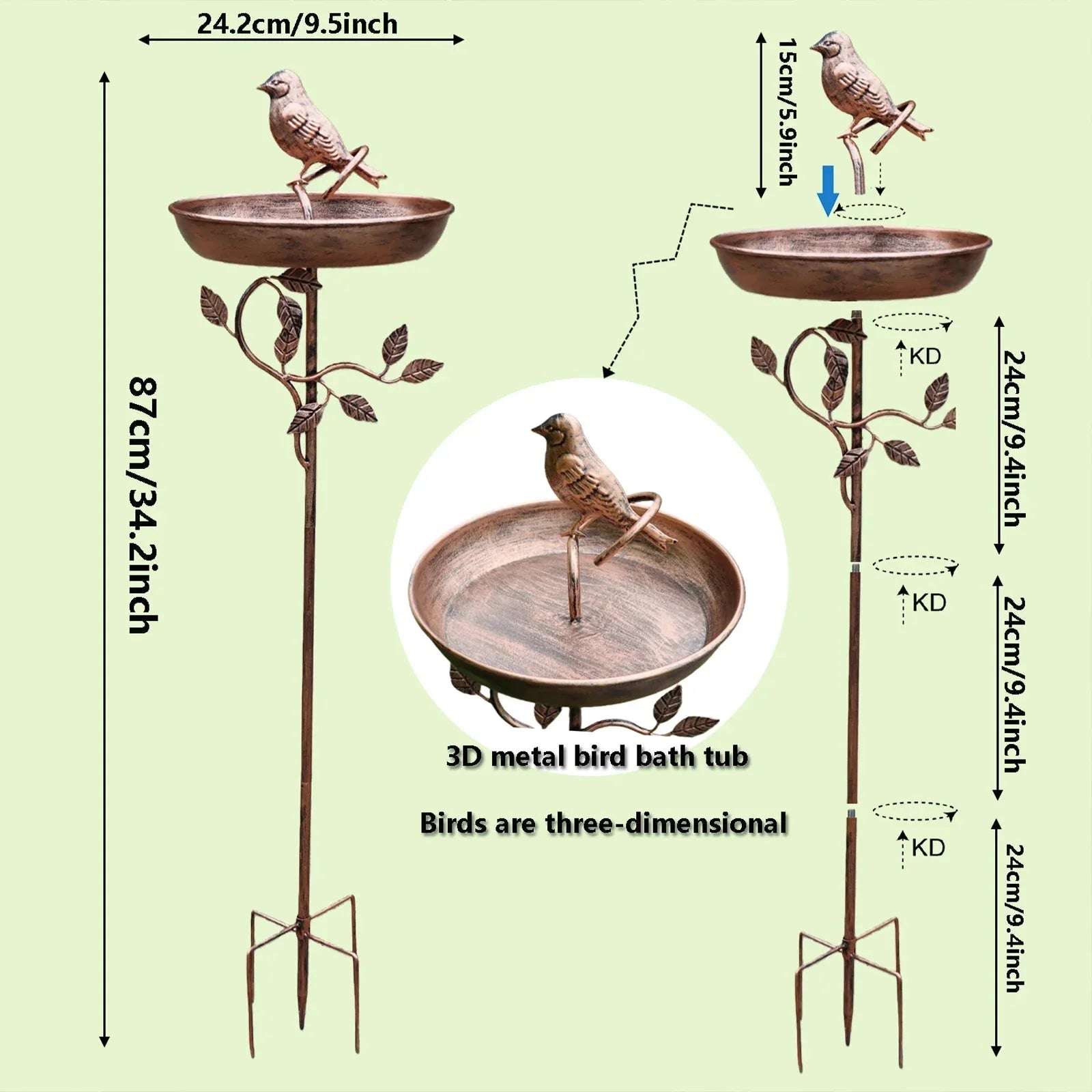 Gartenvogeltränke mit Metallspieß und flacher Schale für Wildvögel, sicherer Stand 5