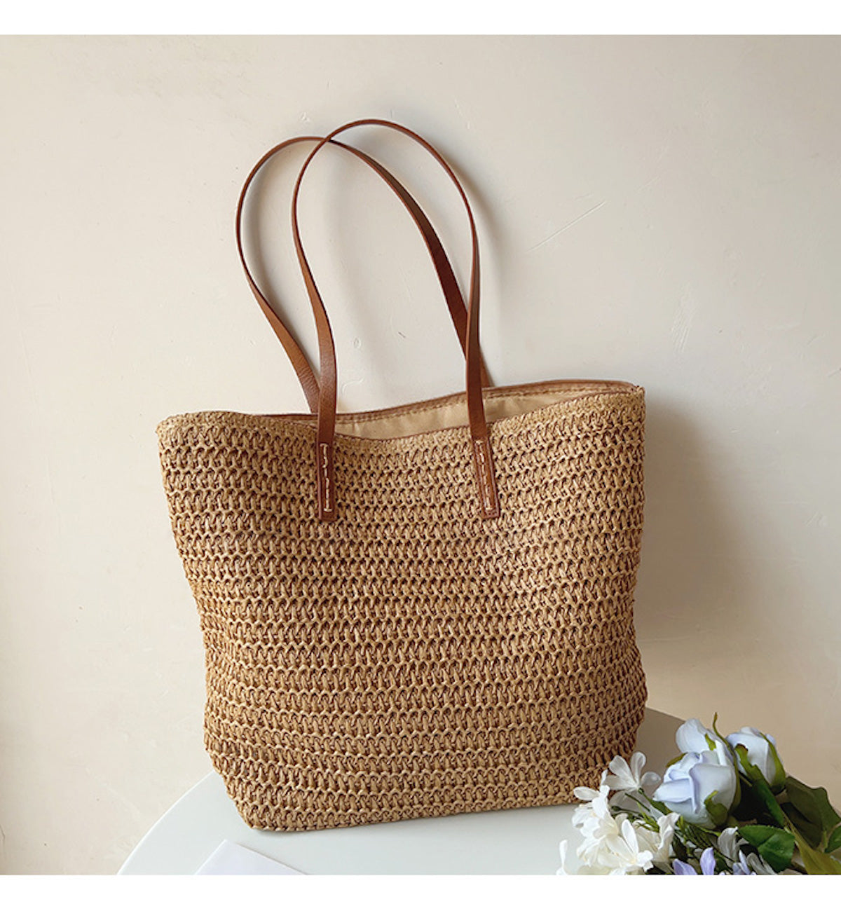 Geflochtene Korbtasche mit Lederhenkeln – SummerBreeze Tote 0