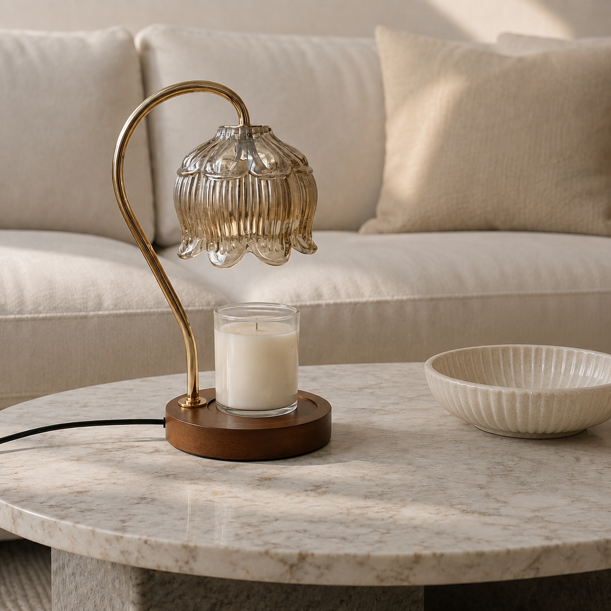 Glass Candle Warmer Lamp with Dimmable LED and Wood Base for Cozy Home Fragrance 1