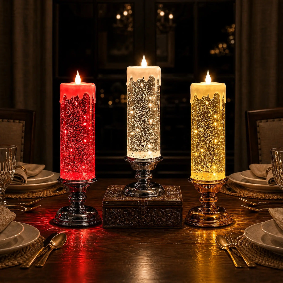 Glitzerkerze mit LED – wirbelnder Glitter und warmer Schein in drei Farben