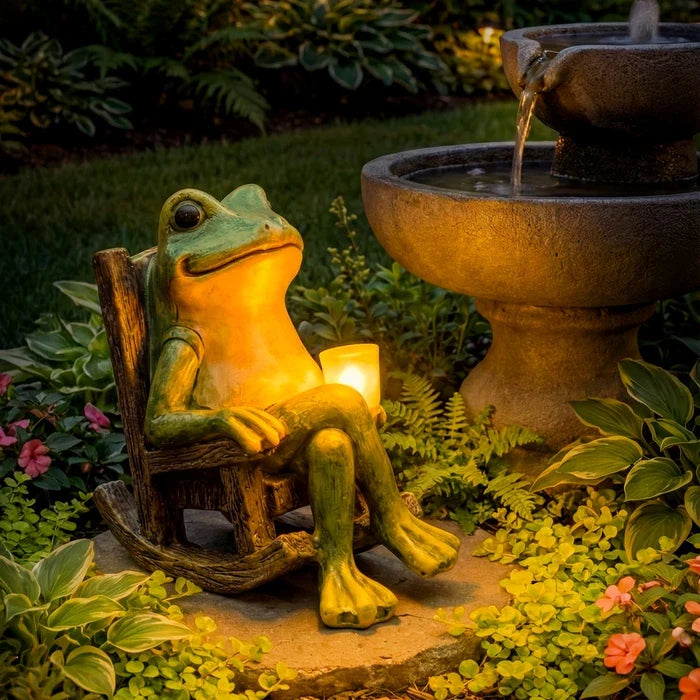 Leuchtende Froschfigur für den Garten – Frosch mit beleuchtetem Becher