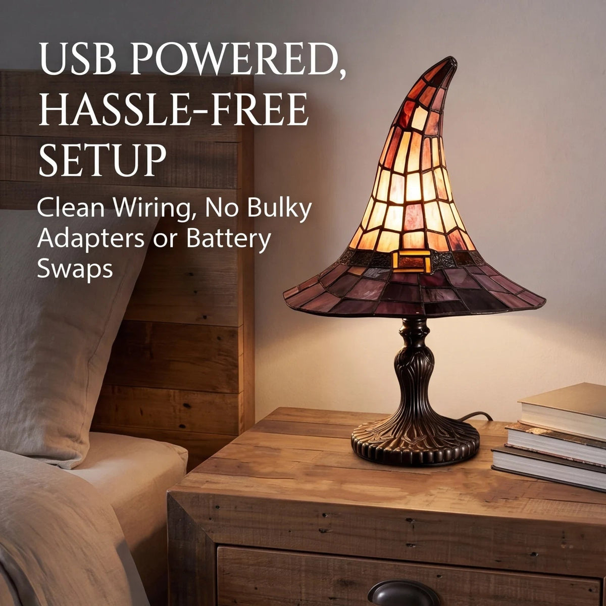 Halloween Witch Hat Table Lamp with Stained Glass Panels for Bedroom Bedside Decoration 2