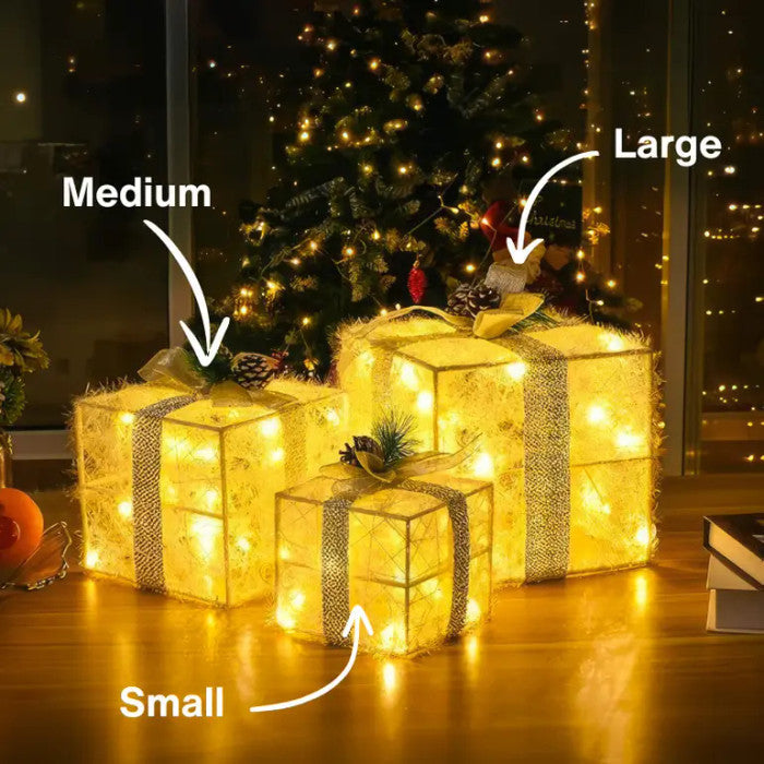 Leuchtende Weihnachtsgeschenkboxen – Set mit Tannenzapfen und Grün