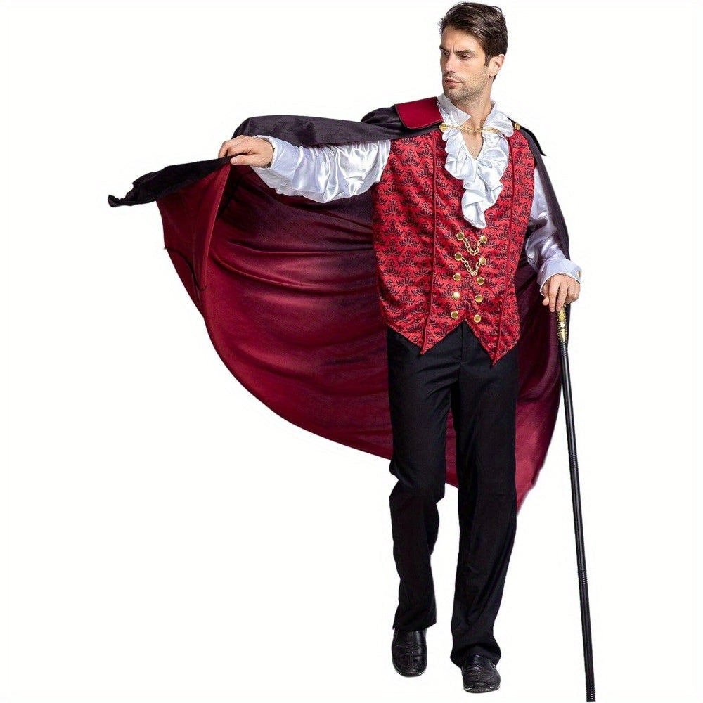 Heren Gothic Vampier Halloween Kostuum | Lange Cape Rimpelshirt 2
