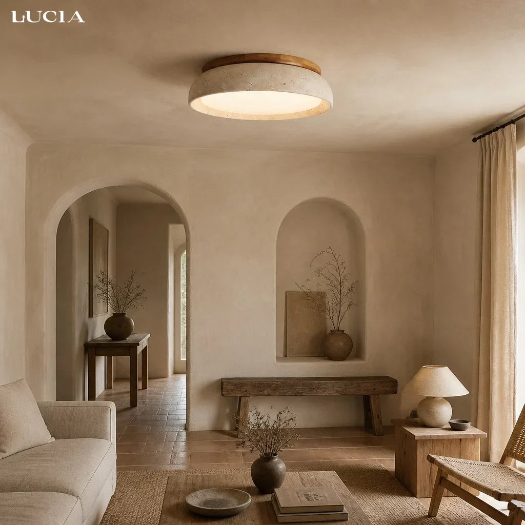 Kairi Scandinavian Travertine Stone Round Ceiling Light 1