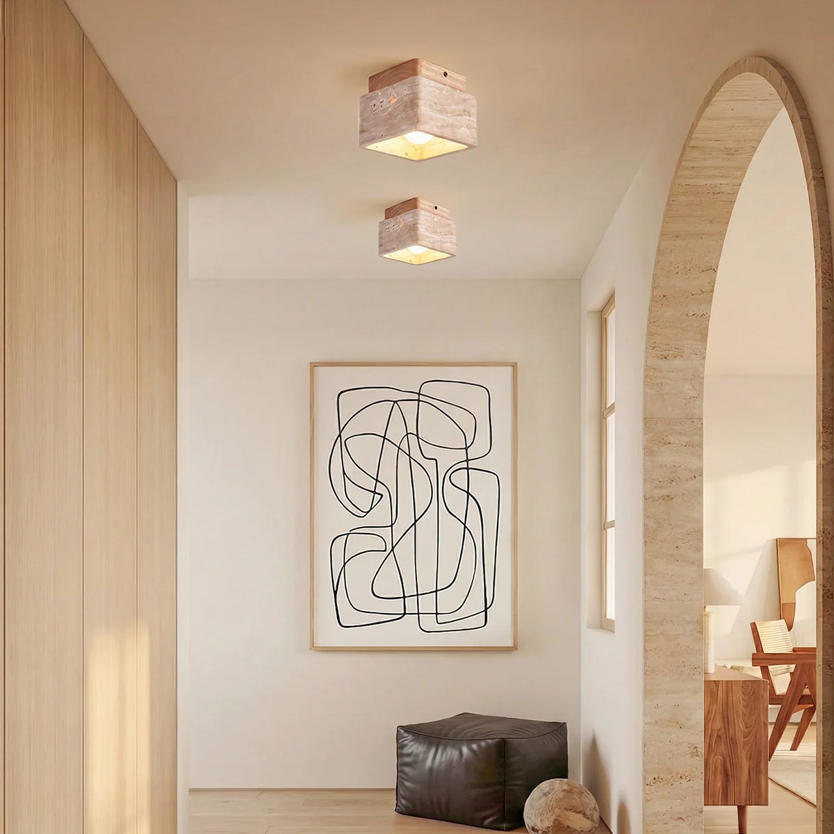 Kairi Square Travertine Stone 1-Light Flush Mount Ceiling Light 3