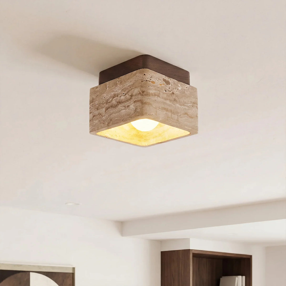 Kairi Square Travertine Stone 1-Light Flush Mount Ceiling Light 7
