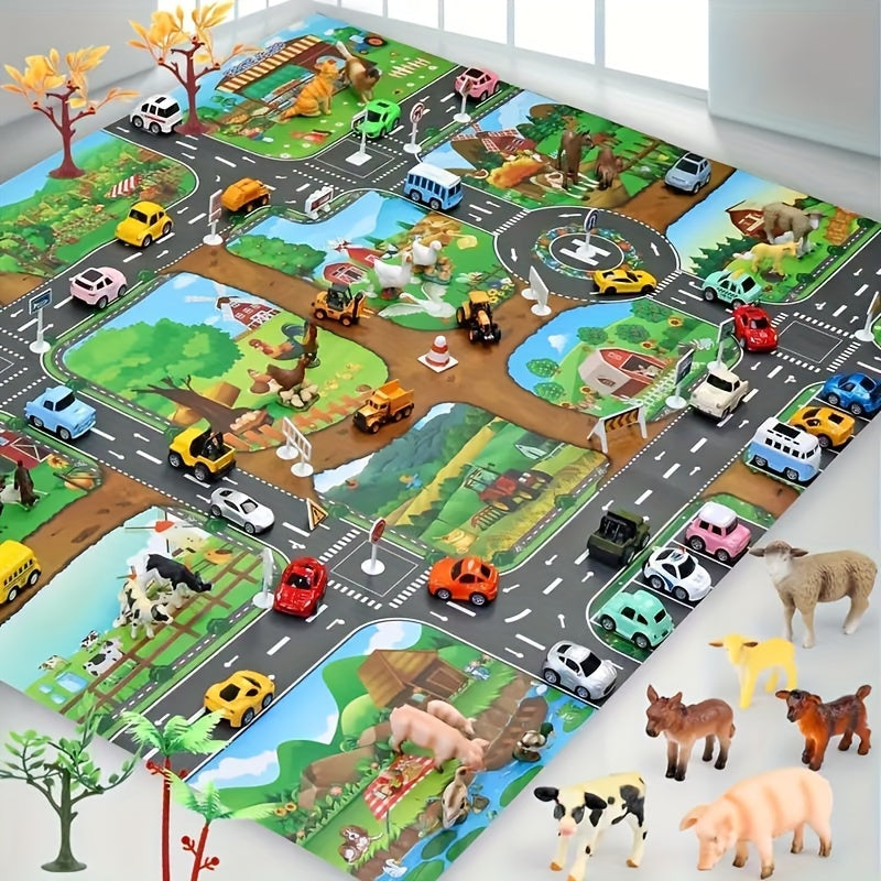 Kinder Spielteppich mit Bauernhof- und Verkehrsthema - DuoPlay 0