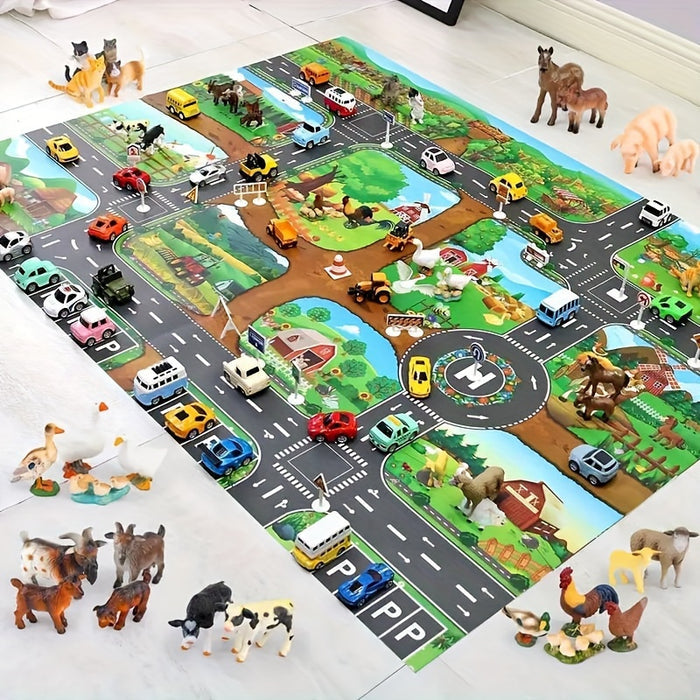 Kinder Spielteppich mit Bauernhof- und Verkehrsthema - DuoPlay 3