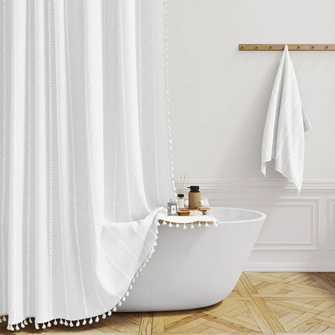 LINENCOVE – Bohemian linen shower curtain with tassels & waterproof design 6