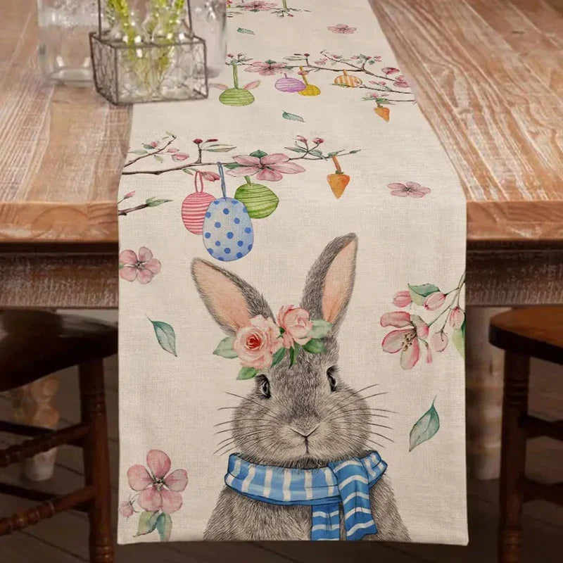 Linnen Tafelloper met Konijnmotief voor Pasen, Vrolijke Decoratie 140x250 cm 1
