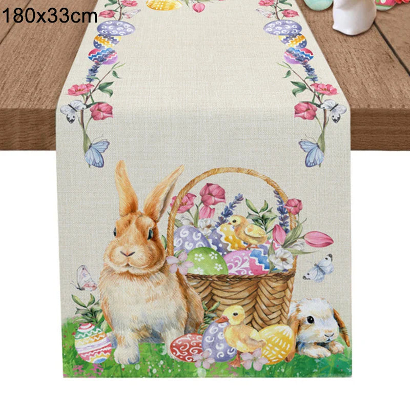Linnen Tafelloper met Konijnmotief voor Pasen, Vrolijke Decoratie 140x250 cm 8