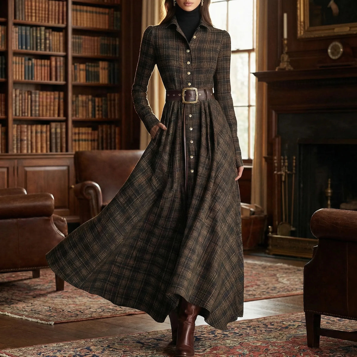 Long-Sleeved Maxi Dress with Plaid Pattern - Bethany 1