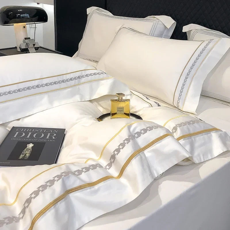 Luxuriöses Bettwäsche-Set aus 100 % ägyptischer Baumwolle mit Stickerei im Hotelstil, bestehend aus Bettbezug, Spannbettlaken und Kissenbezug (Queen- und Kingsize-Größe). 0