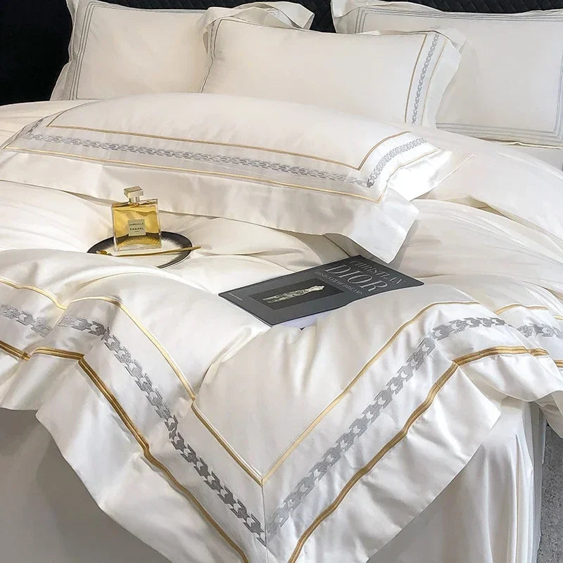 Luxuriöses Bettwäsche-Set aus 100 % ägyptischer Baumwolle mit Stickerei im Hotelstil, bestehend aus Bettbezug, Spannbettlaken und Kissenbezug (Queen- und Kingsize-Größe). 1