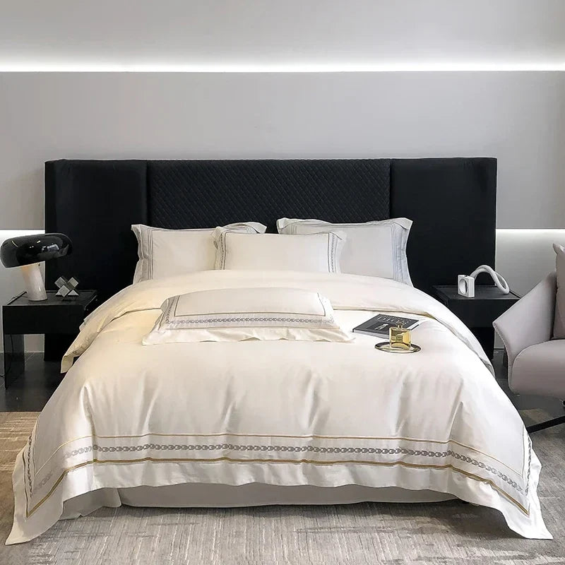 Luxuriöses Bettwäsche-Set aus 100 % ägyptischer Baumwolle mit Stickerei im Hotelstil, bestehend aus Bettbezug, Spannbettlaken und Kissenbezug (Queen- und Kingsize-Größe). 3