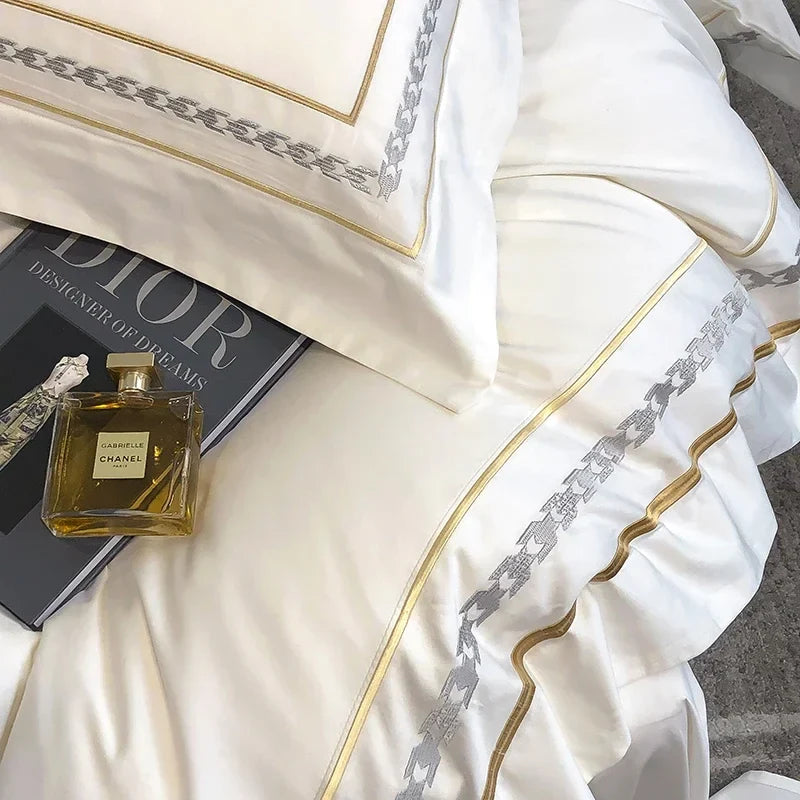 Luxuriöses Bettwäsche-Set aus 100 % ägyptischer Baumwolle mit Stickerei im Hotelstil, bestehend aus Bettbezug, Spannbettlaken und Kissenbezug (Queen- und Kingsize-Größe). 4