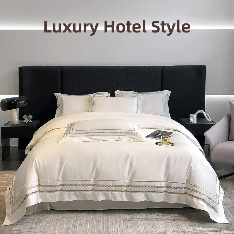Luxuriöses Bettwäsche-Set aus 100 % ägyptischer Baumwolle mit Stickerei im Hotelstil, bestehend aus Bettbezug, Spannbettlaken und Kissenbezug (Queen- und Kingsize-Größe). 5