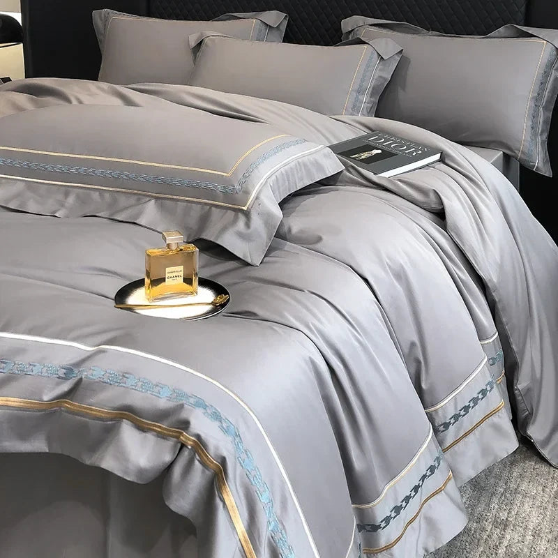 Luxuriöses Bettwäsche-Set aus 100 % ägyptischer Baumwolle mit Stickerei im Hotelstil, bestehend aus Bettbezug, Spannbettlaken und Kissenbezug (Queen- und Kingsize-Größe). 6