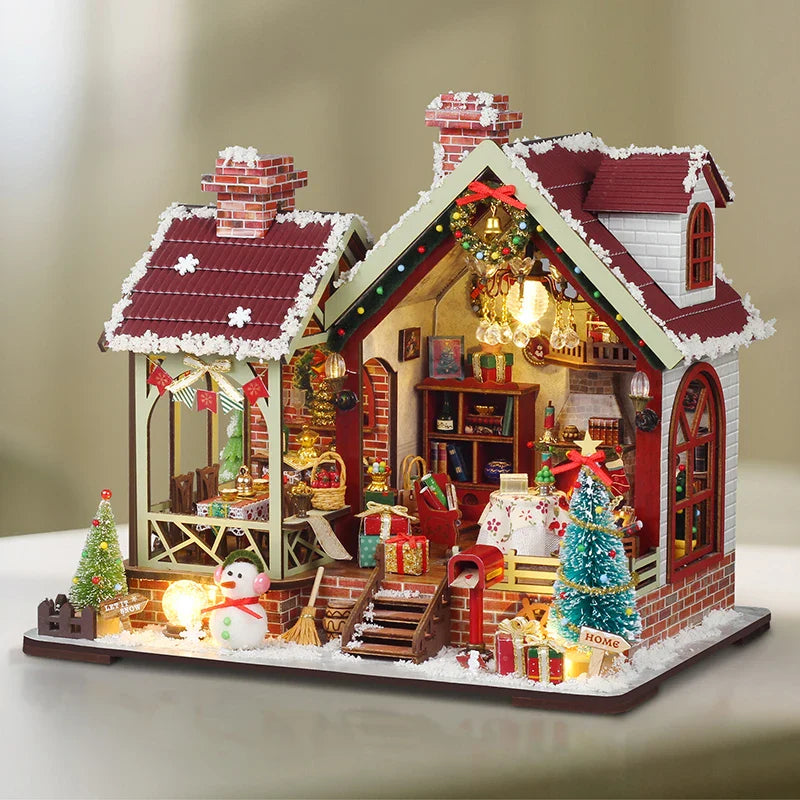 Miniatuur houten poppenhuis met LED-verlichting en meubels 1
