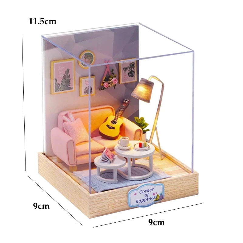Miniatuur houten poppenhuis met LED-verlichting en meubels 19