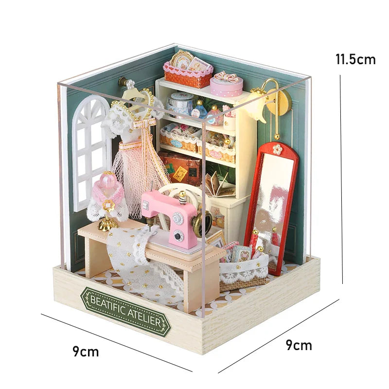 Miniatuur houten poppenhuis met LED-verlichting en meubels 28