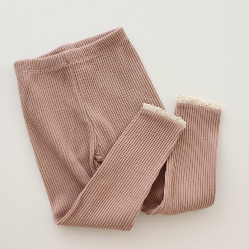 Ribstrikkede babyleggings med blonder til piger