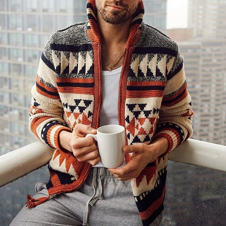 Cardigan med tribal-mønster og lynlås - Nikos