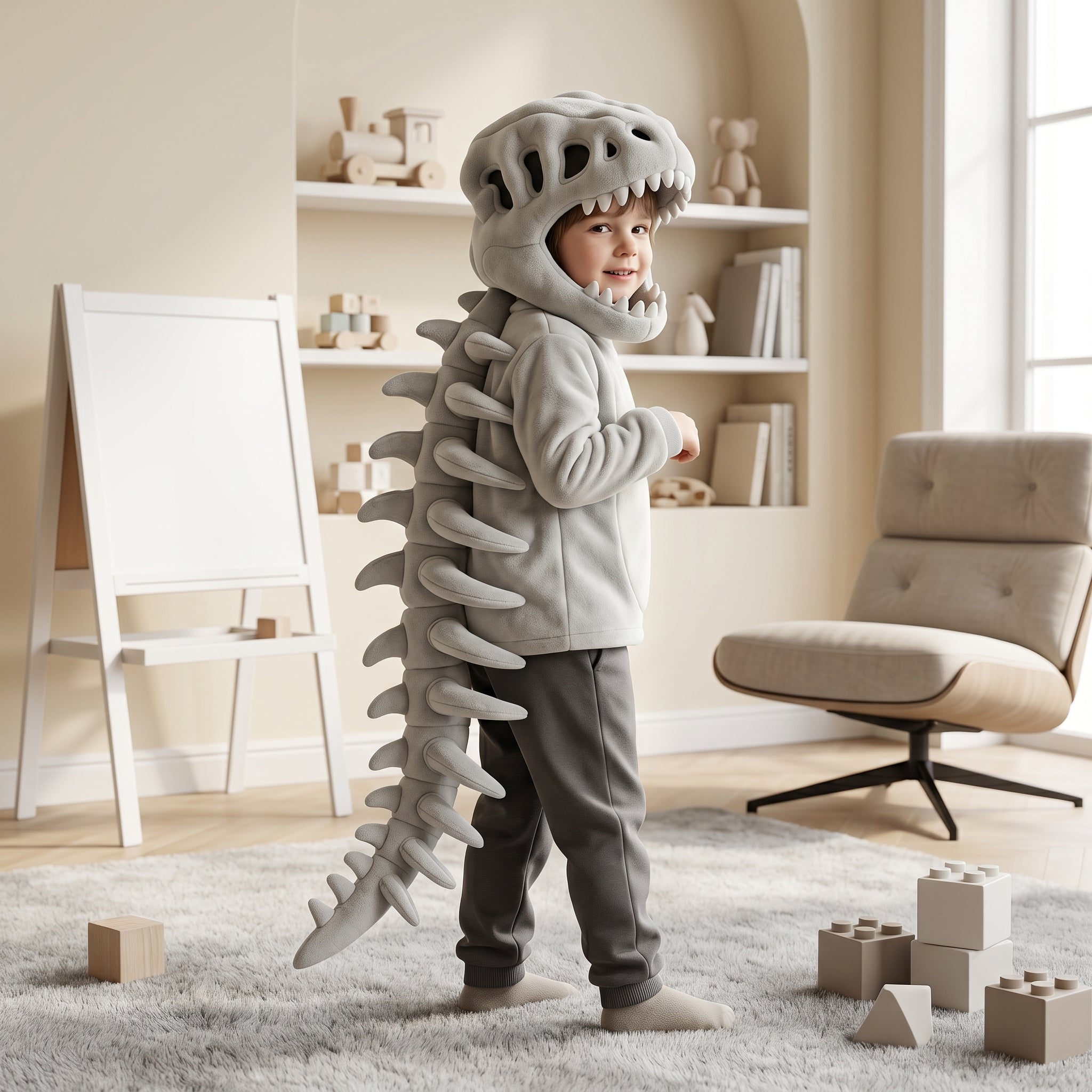 Pluche capuchon met dinosaurusschedel voor kinderen – verkleedkostuum met skeletruggengraat 0