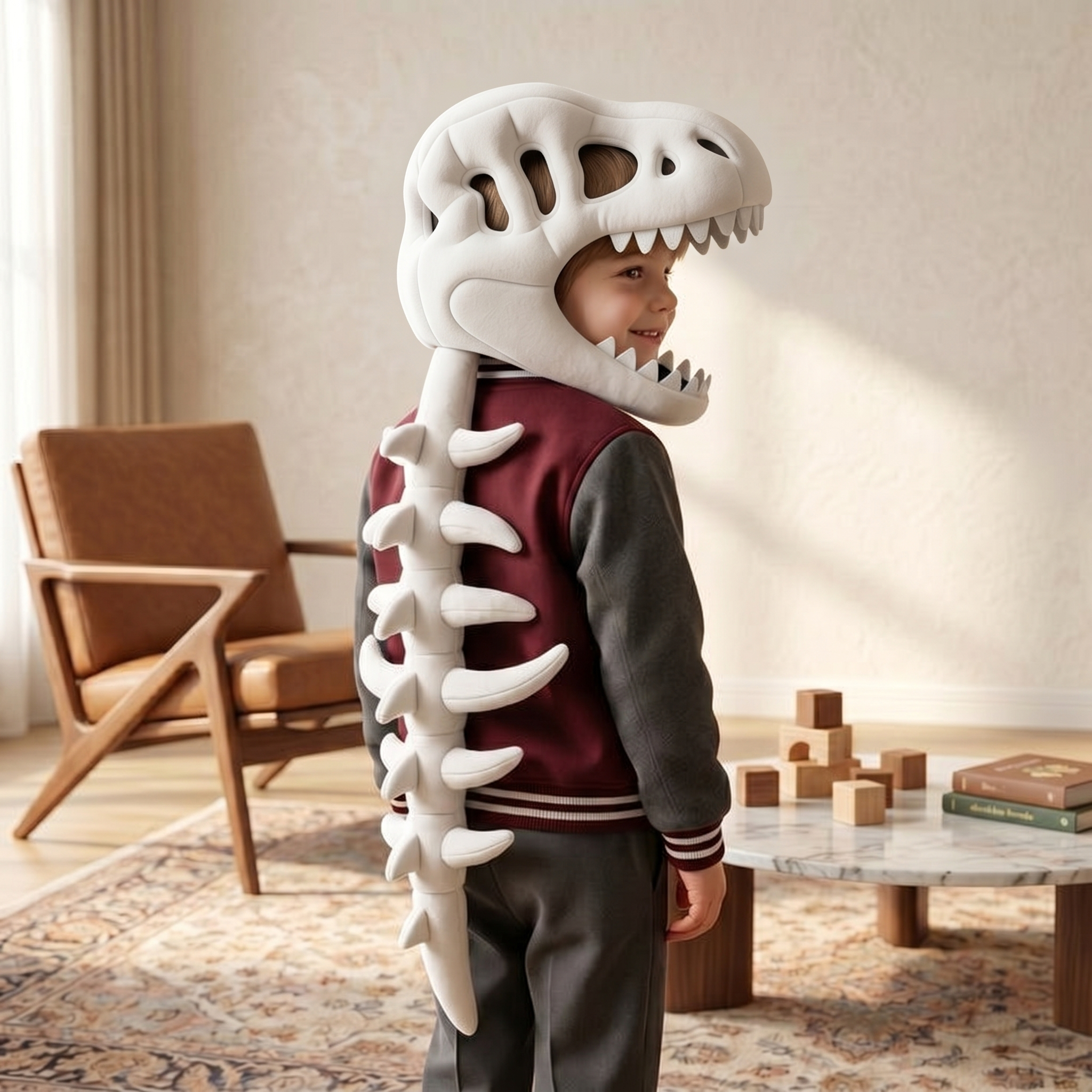 Pluche capuchon met dinosaurusschedel voor kinderen – verkleedkostuum met skeletruggengraat 3