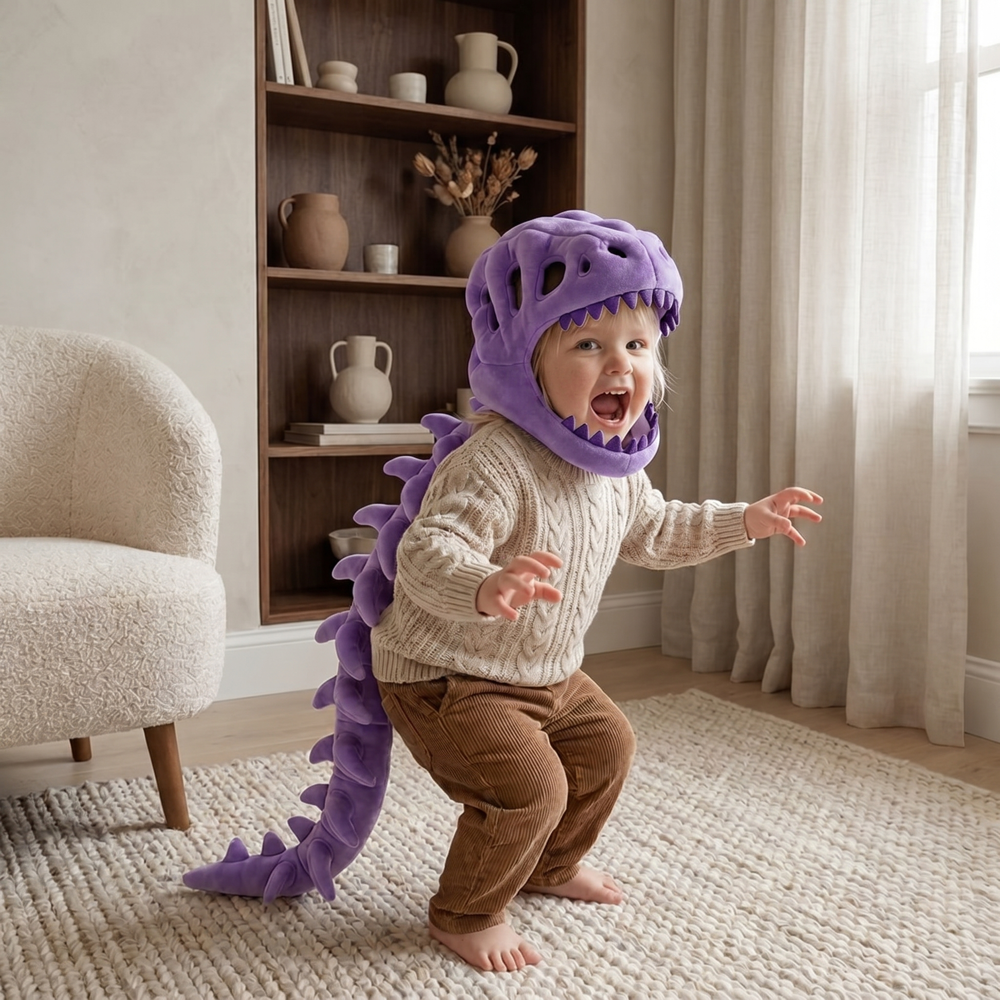 Pluche capuchon met dinosaurusschedel voor kinderen – verkleedkostuum met skeletruggengraat 4