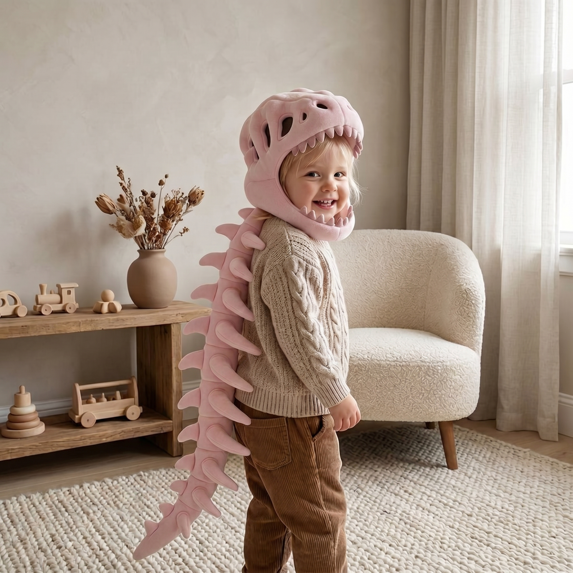 Pluche capuchon met dinosaurusschedel voor kinderen – verkleedkostuum met skeletruggengraat 5