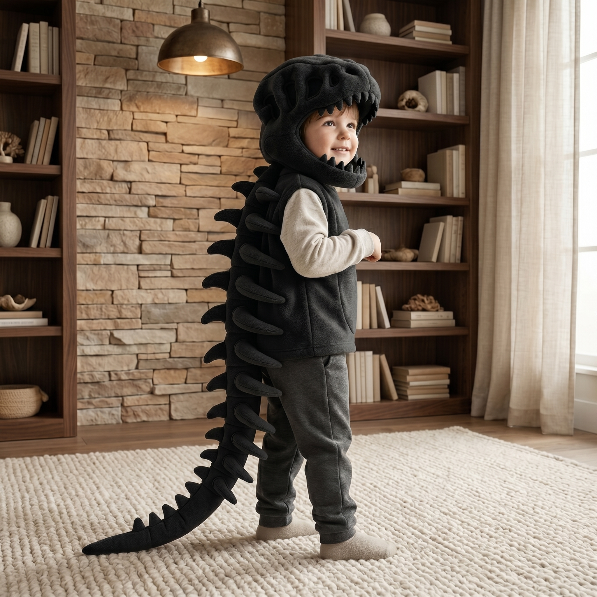 Pluche capuchon met dinosaurusschedel voor kinderen – verkleedkostuum met skeletruggengraat 6