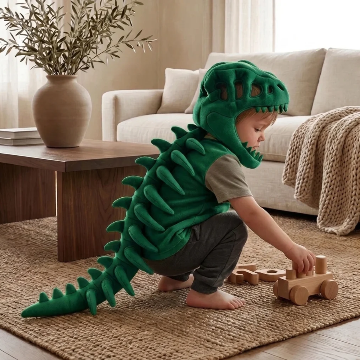 Pluche capuchon met dinosaurusschedel voor kinderen – verkleedkostuum met skeletruggengraat 7