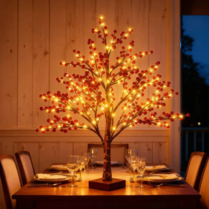 Baumlampe mit roten Beeren – warmes Licht und winterliche Deko für den Kaminsims