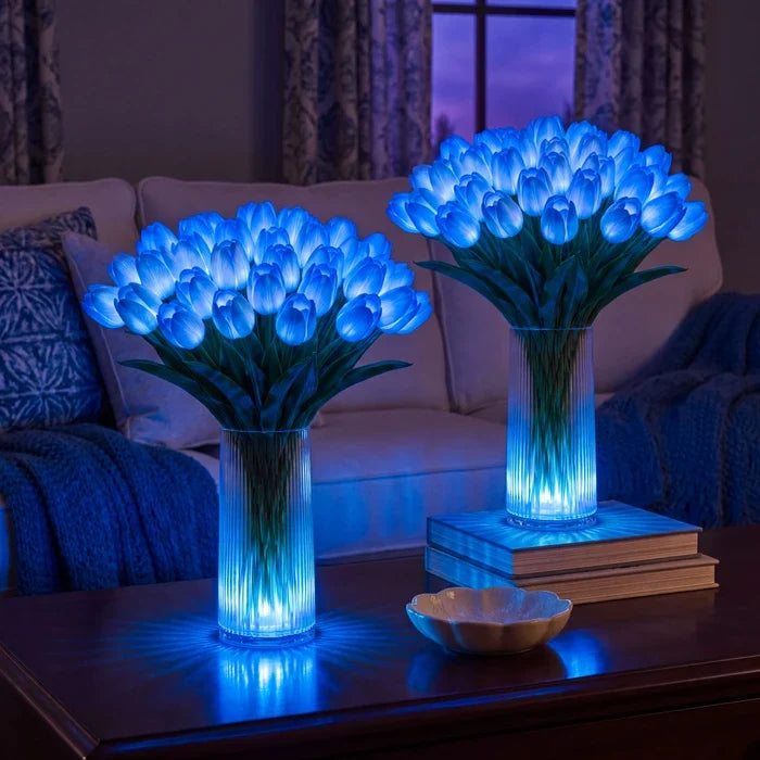 Lampa s kyticí tulipánů a LED - umělé tulipány s teplým světlem ve čtyřech barvách