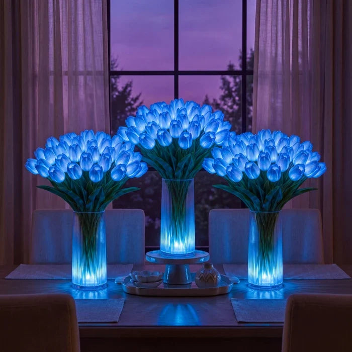 Lampa s kyticí tulipánů a LED - umělé tulipány s teplým světlem ve čtyřech barvách