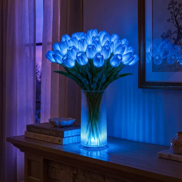 Lampa s kyticí tulipánů a LED - umělé tulipány s teplým světlem ve čtyřech barvách