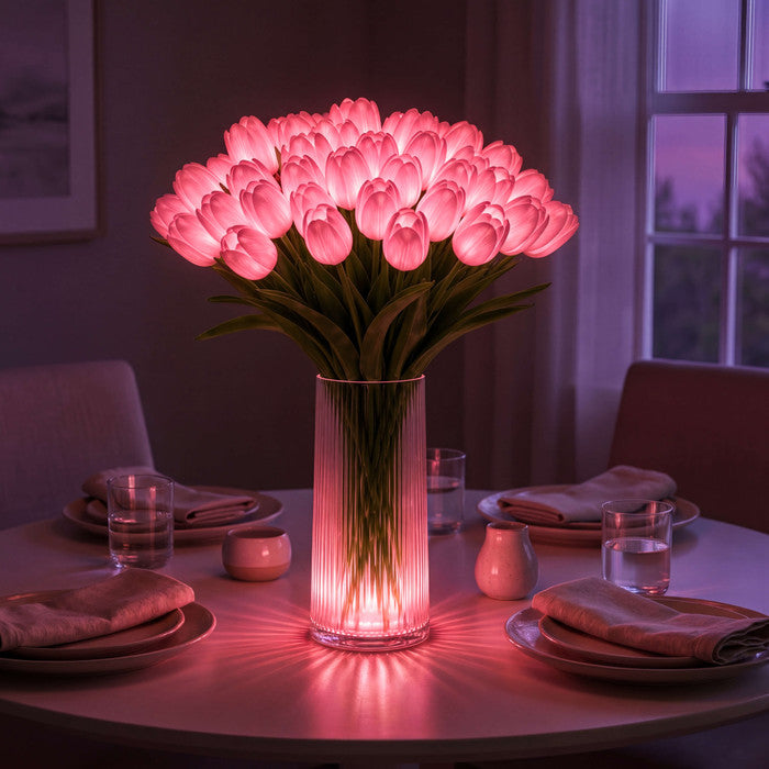 Lampa s kyticí tulipánů a LED - umělé tulipány s teplým světlem ve čtyřech barvách