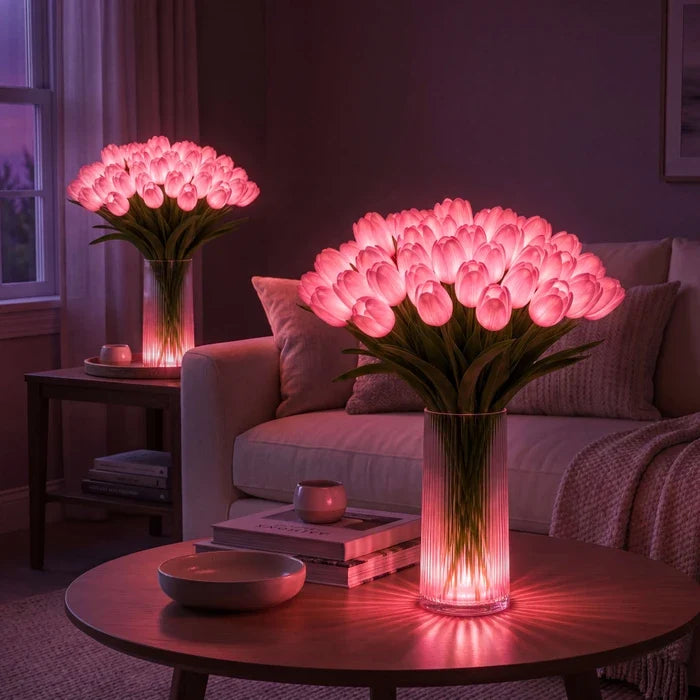 Lampa s kyticí tulipánů a LED - umělé tulipány s teplým světlem ve čtyřech barvách