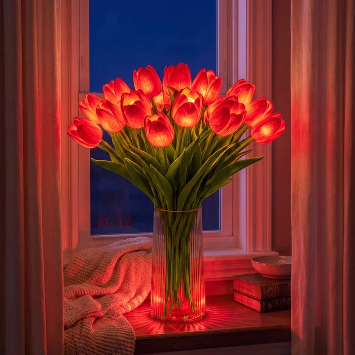 Lampa s kyticí tulipánů a LED - umělé tulipány s teplým světlem ve čtyřech barvách
