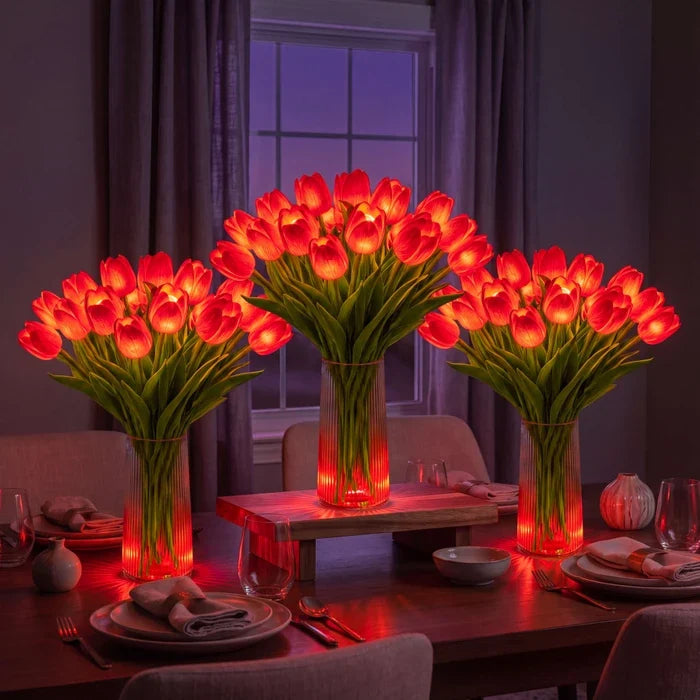 Lampa s kyticí tulipánů a LED - umělé tulipány s teplým světlem ve čtyřech barvách
