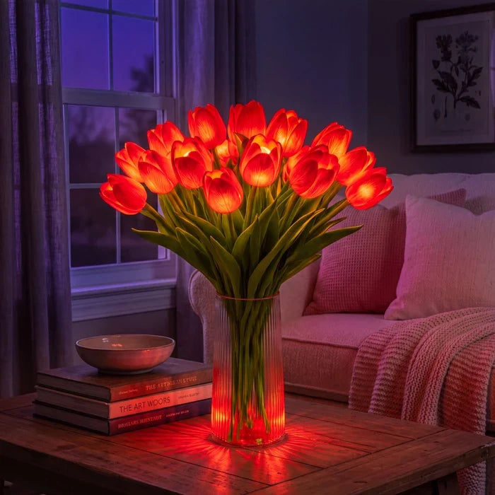 Lampa s kyticí tulipánů a LED - umělé tulipány s teplým světlem ve čtyřech barvách