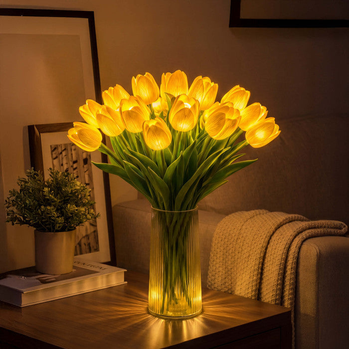 Lampa s kyticí tulipánů a LED - umělé tulipány s teplým světlem ve čtyřech barvách