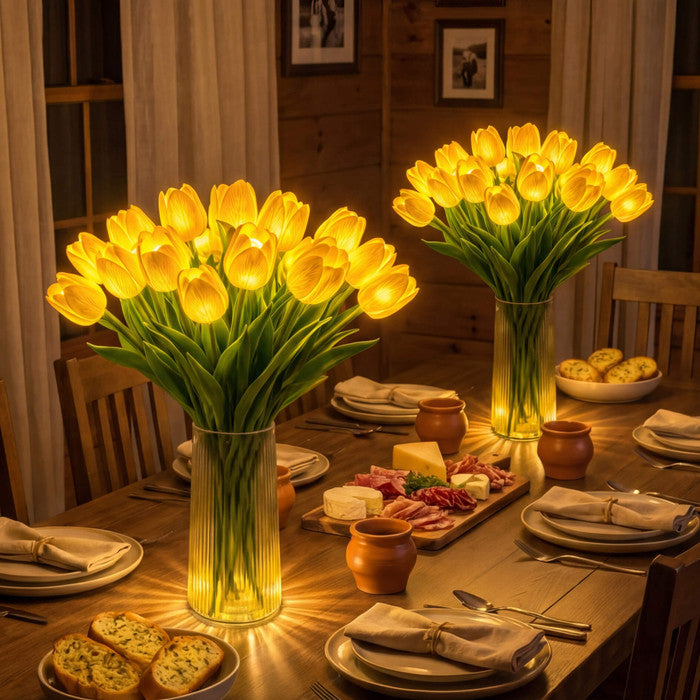 Lampa s kyticí tulipánů a LED - umělé tulipány s teplým světlem ve čtyřech barvách