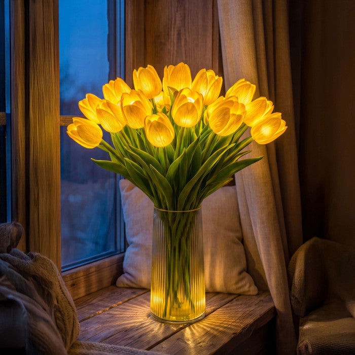Lampa s kyticí tulipánů a LED - umělé tulipány s teplým světlem ve čtyřech barvách