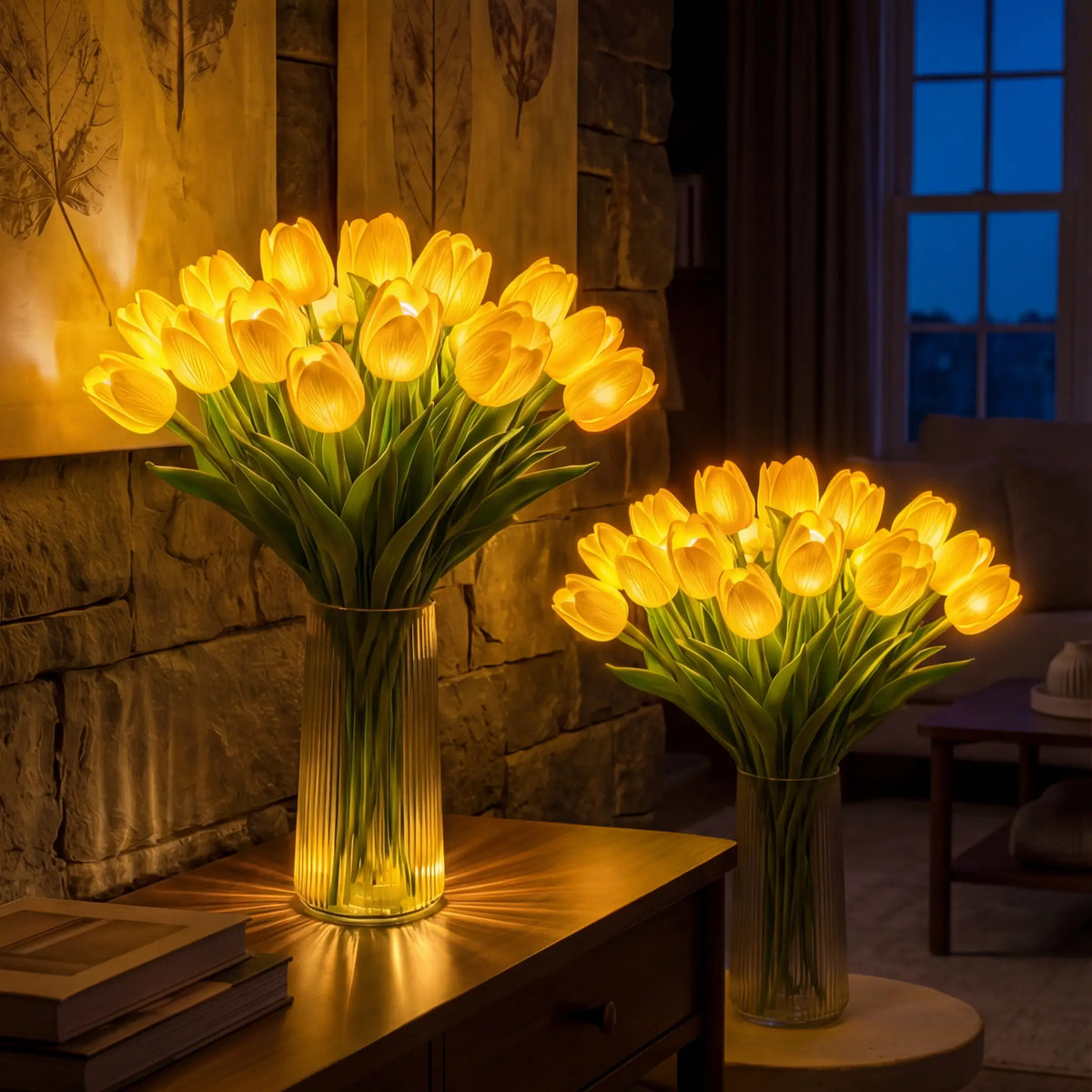 Lampa s kyticí tulipánů a LED - umělé tulipány s teplým světlem ve čtyřech barvách