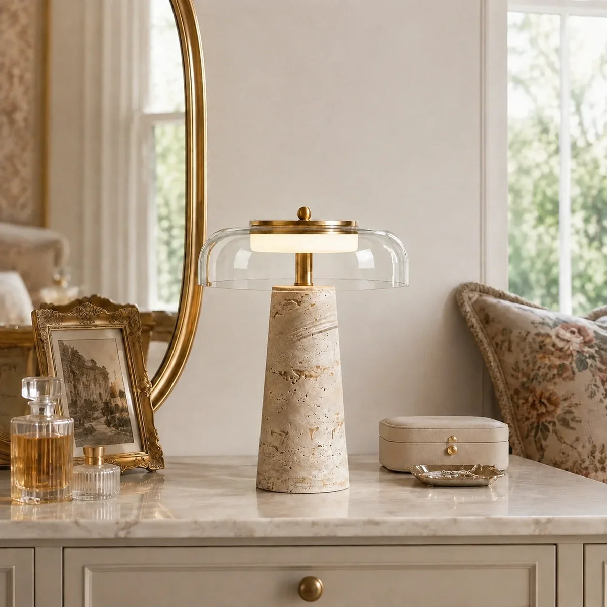 Ryn Wabi‑Sabi Travertine Glass Mushroom Table Light 3
