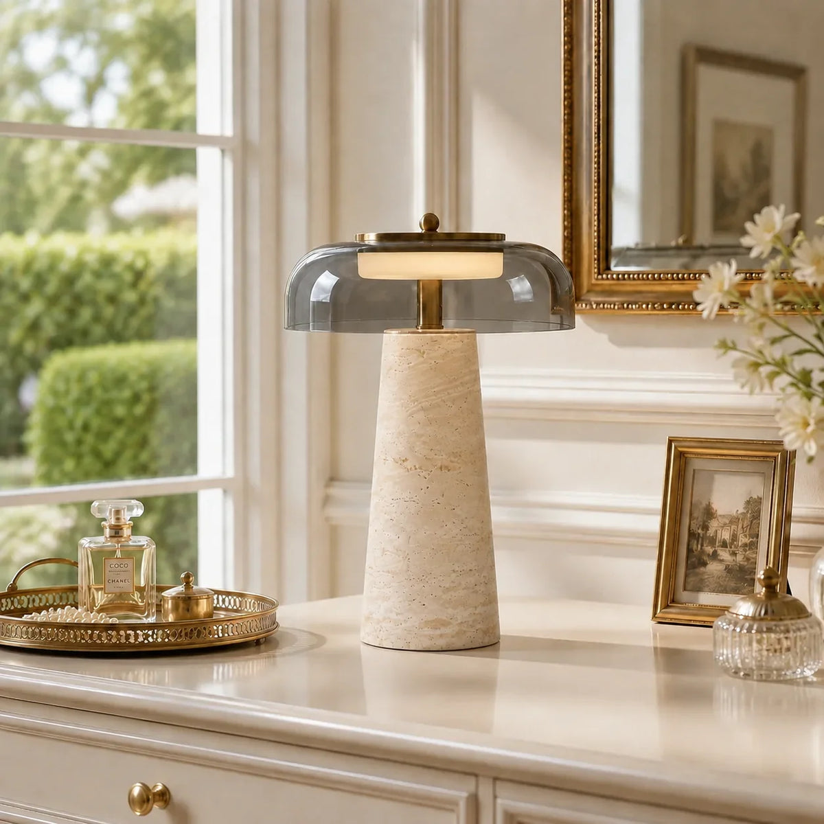 Ryn Wabi‑Sabi Travertine Glass Mushroom Table Light 4